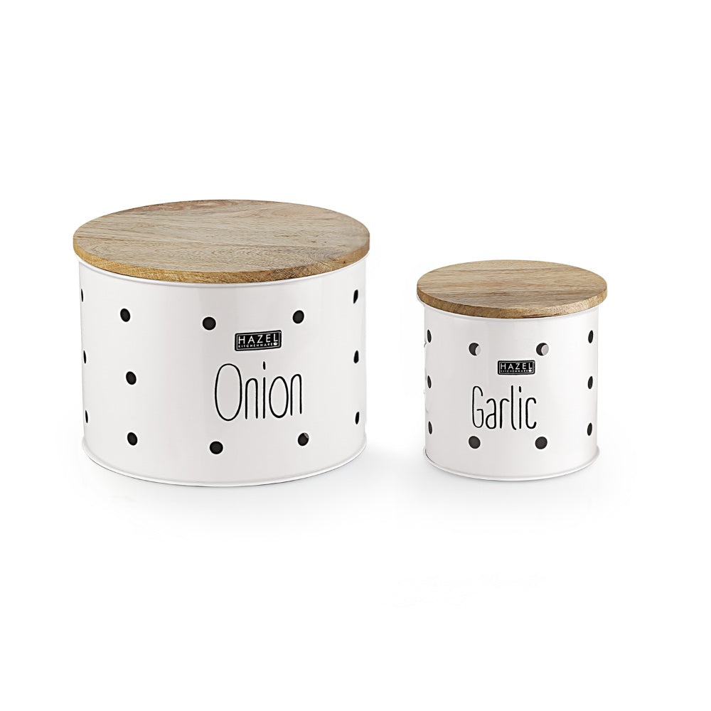 Garlic Onion Storage Box with Wooden Lid, Set of 2