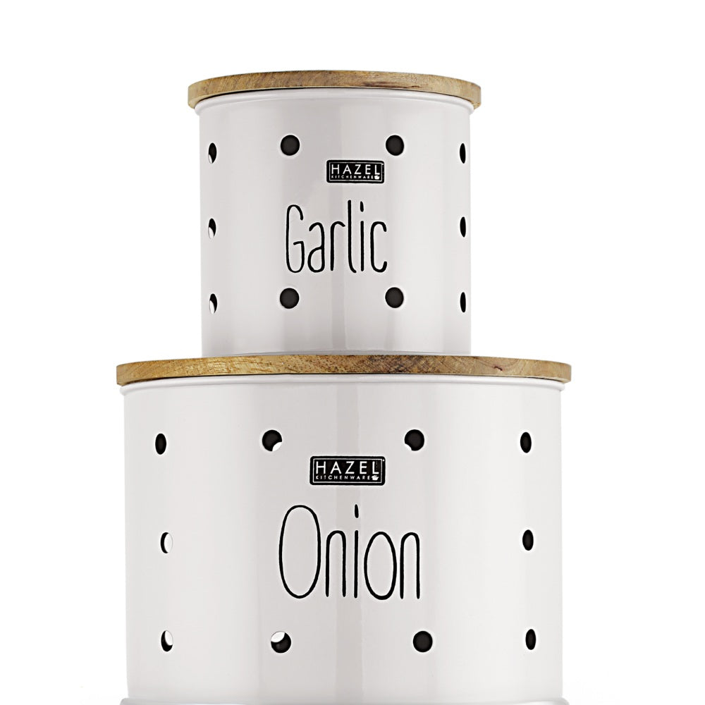 Garlic Onion Storage Box with Wooden Lid, Set of 2
