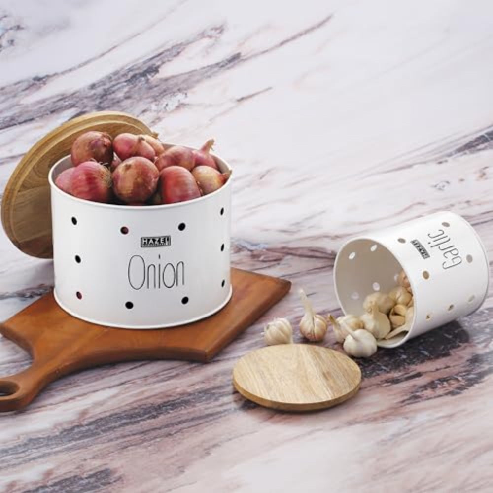 Garlic Onion Storage Box with Wooden Lid, Set of 2