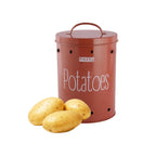Red 'Potatoes' storage container with two whole potatoes placed beside it, on a plain white background.