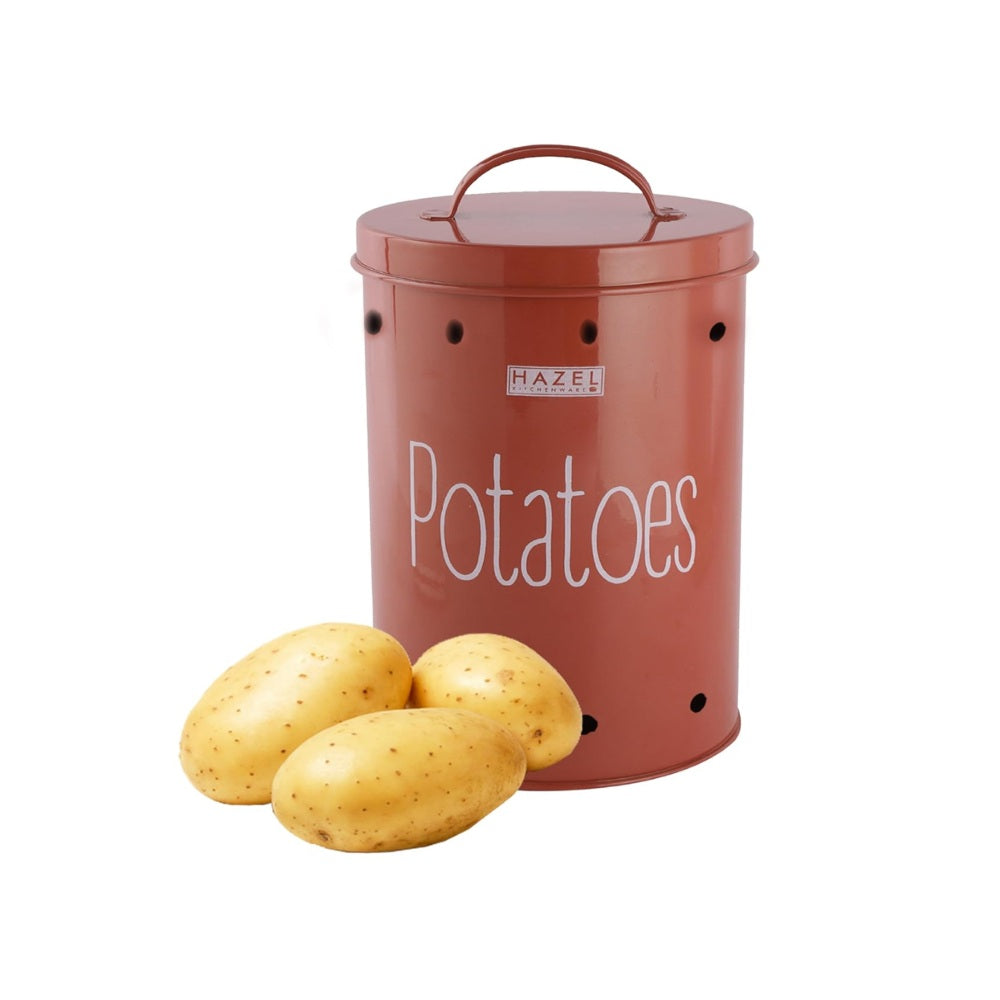 Red 'Potatoes' storage container with two whole potatoes placed beside it, on a plain white background.