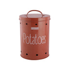 Red 'Potatoes' storage container with its handle and ventilation holes visible, shown alone on a plain white background.