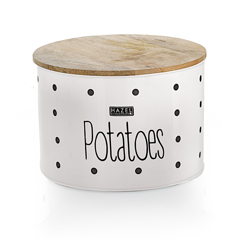Closed potato storage container with wooden lid, printed 'Potatoes' text and polka-dot pattern, shown against a.
