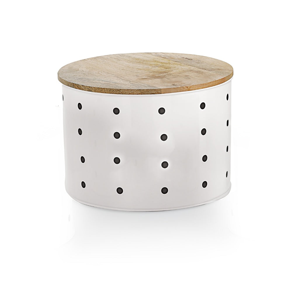Closed potato storage container rotated to show the polka-dot pattern with brand tag, against a plain white background.