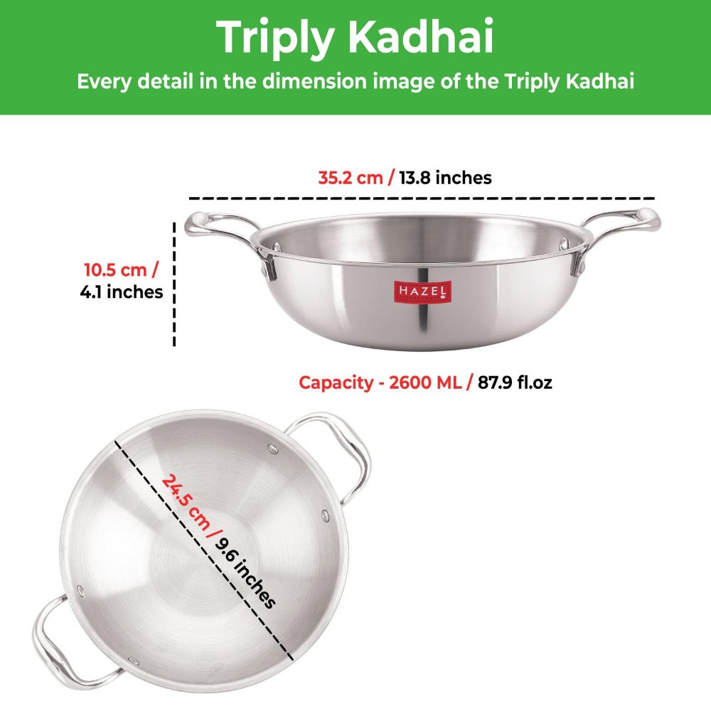 Triply Stainless Steel Kadai with Induction Bottom, 2.6 L, 24.5 cm
