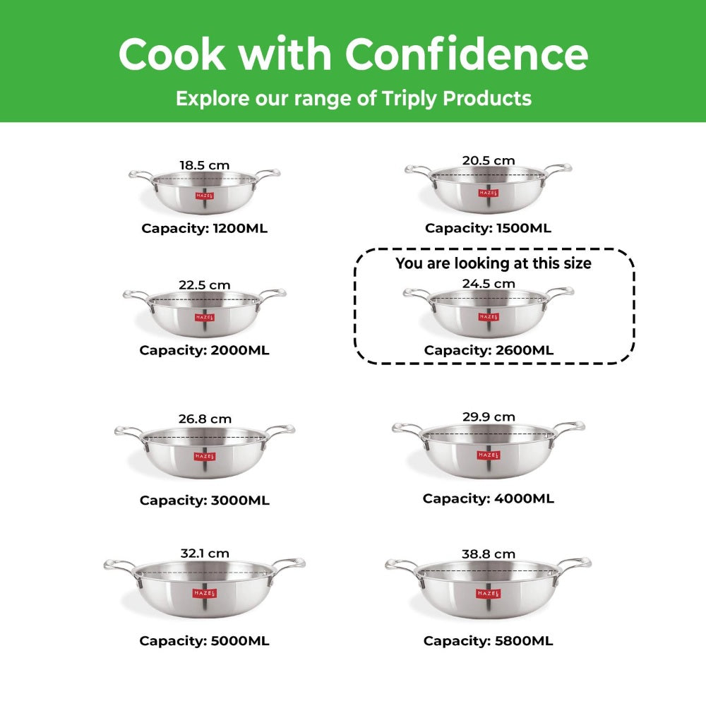 Triply Stainless Steel Kadai with Induction Bottom, 2.6 L, 24.5 cm