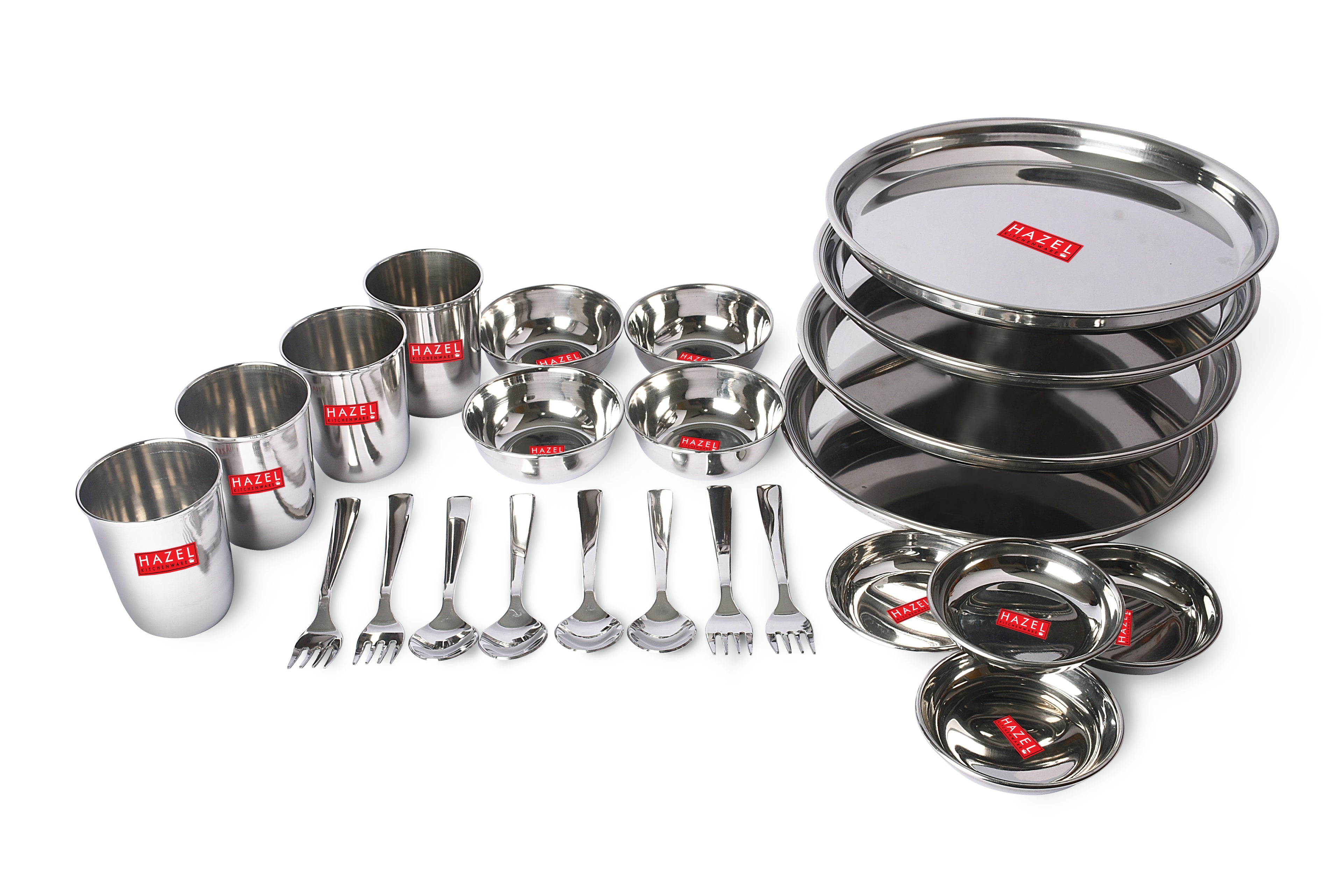 Stainless Steel Dinner Set - 20pc (4 Plate, 4 Bowl, 4 Glasses, 4 Quarter Plates, 4 Spoons and 4 Forks)