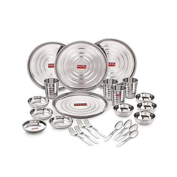 Stainless Steel Dinner Set - 24 pc (4 Thali, 4 Quarter Plate, 4 Bowl, 4 Spoon Set, 4 Dessert Plate, 4 Glass)