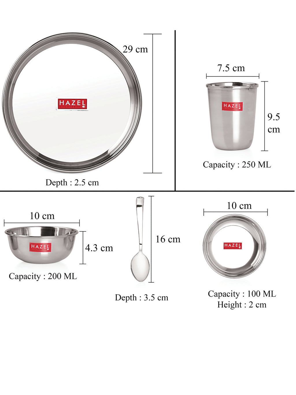 Stainless Steel Dinner Set - 12 pc (2 Plate, 2 Glass, 4 Bowl, 2 Dessert Plate, 2 Spoon)