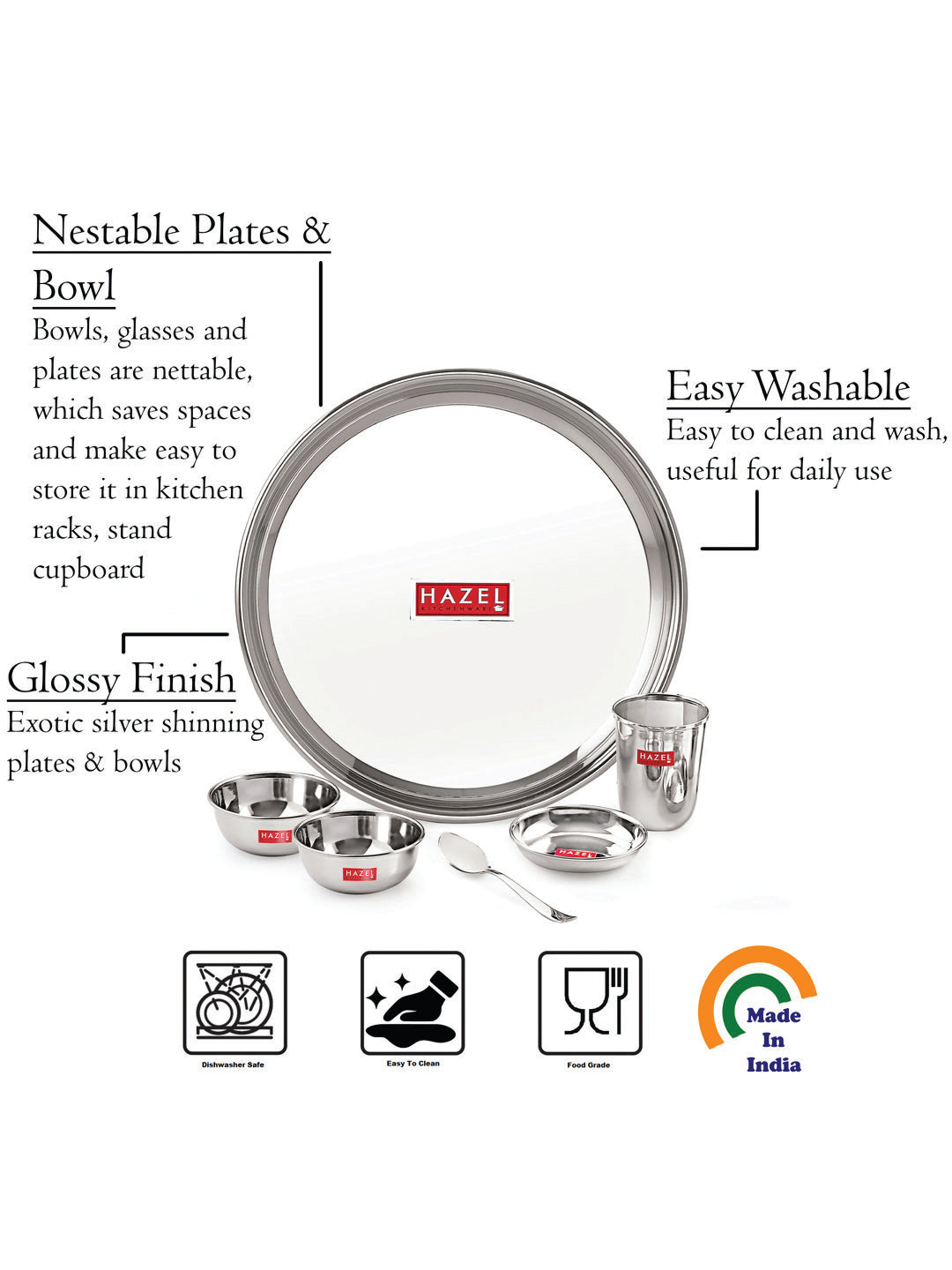 Stainless Steel Dinner Set - 12 pc (2 Plate, 2 Glass, 4 Bowl, 2 Dessert Plate, 2 Spoon)