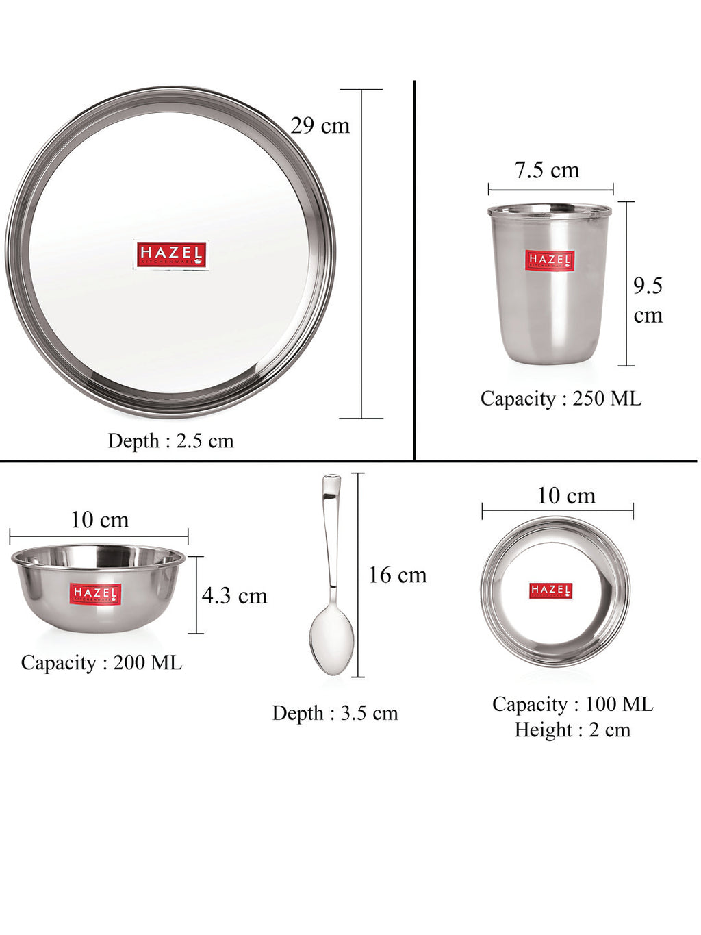 Stainless Steel Dinner Set - 18 pc (3 Plate, 3 Glass, 6 Bowl, 3 Dessert Plate, 3 Spoon)