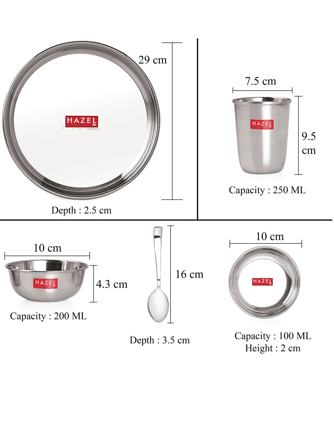 Stainless Steel Dinner Set - 18 pc (3 Plate, 3 Glass, 6 Bowl, 3 Dessert Plate, 3 Spoon)