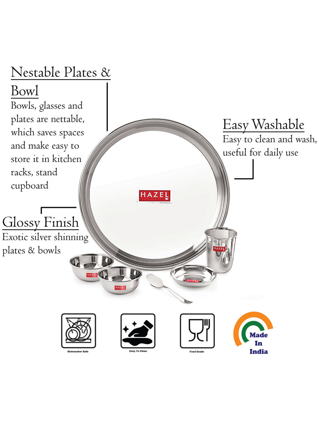 Stainless Steel Dinner Set - 18 pc (3 Plate, 3 Glass, 6 Bowl, 3 Dessert Plate, 3 Spoon)