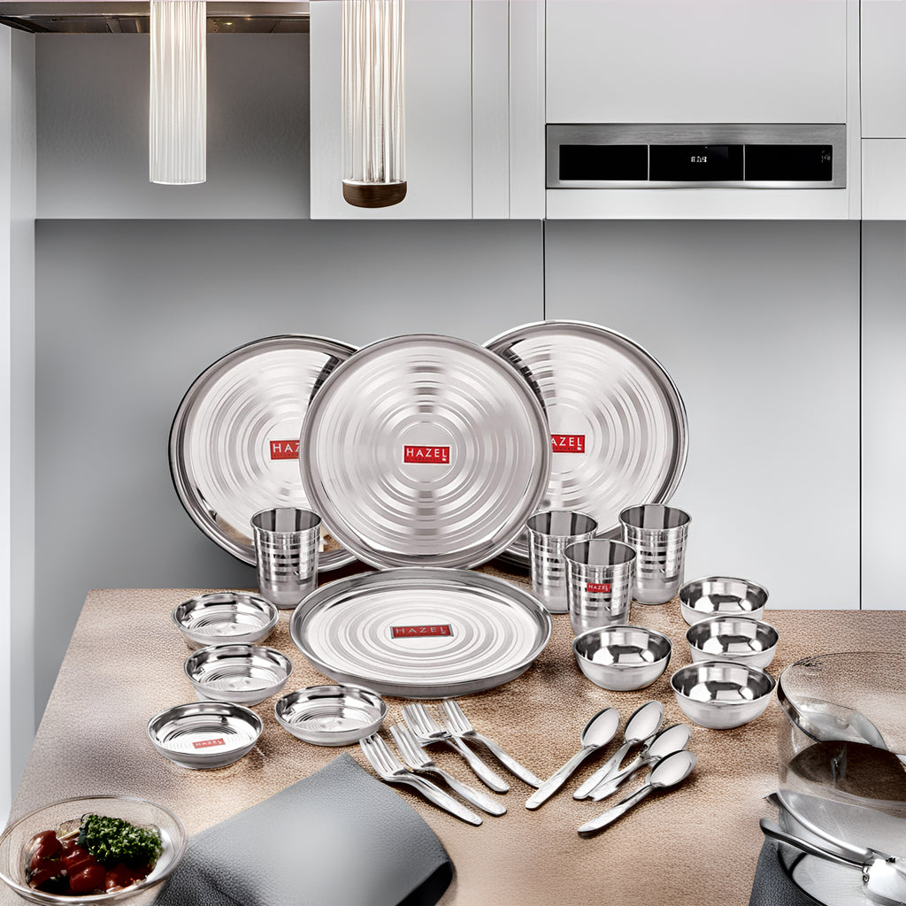 Stainless Steel Dinner Set - 24 pc (4 Thali, 4 Quarter Plate, 4 Bowl, 4 Spoon Set, 4 Dessert Plate, 4 Glass)