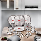 Stainless Steel Dinner Set - 24 pc (4 Thali, 4 Quarter Plate, 4 Bowl, 4 Spoon Set, 4 Dessert Plate, 4 Glass)