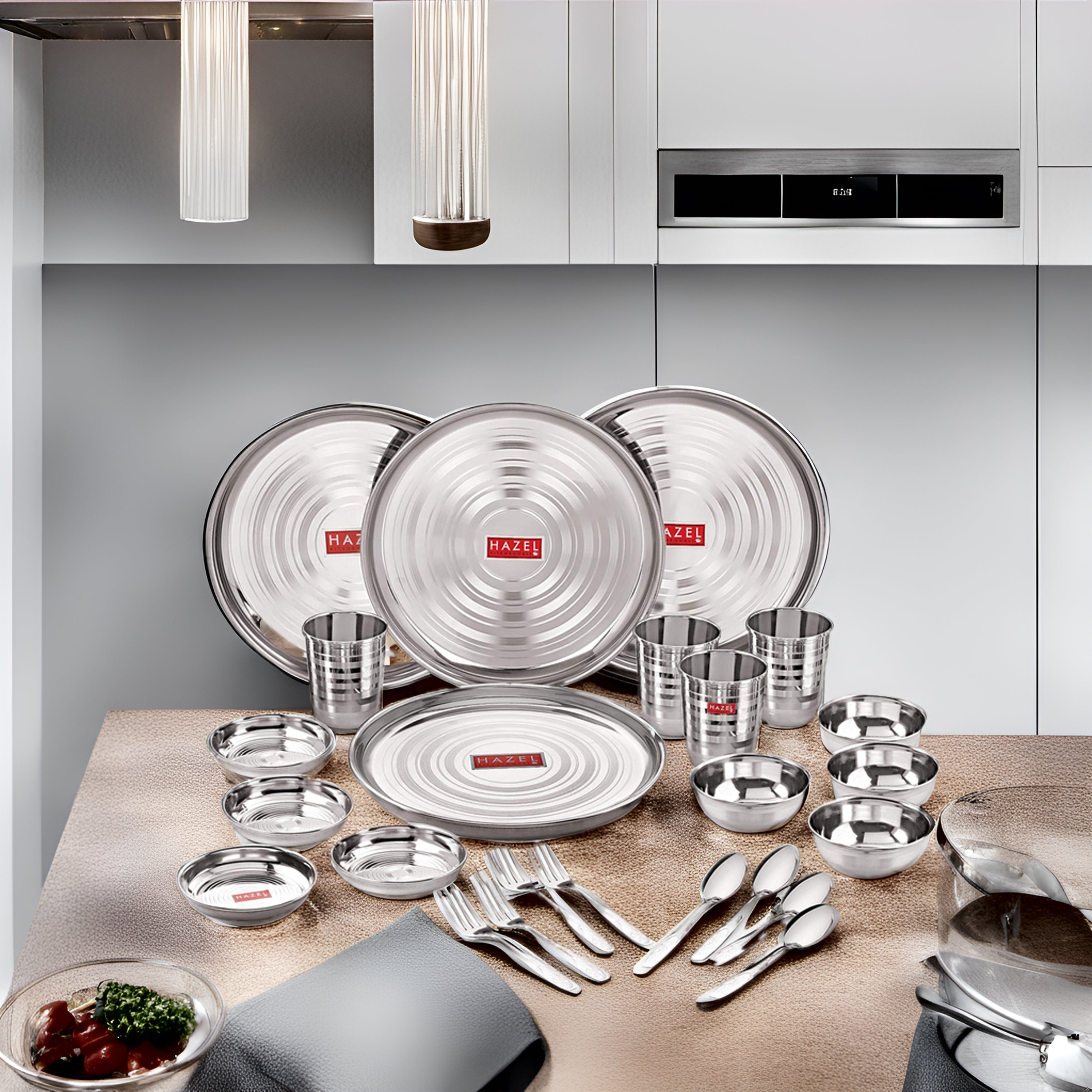 Stainless Steel Dinner Set - 24 pc (4 Thali, 4 Quarter Plate, 4 Bowl, 4 Spoon Set, 4 Dessert Plate, 4 Glass)