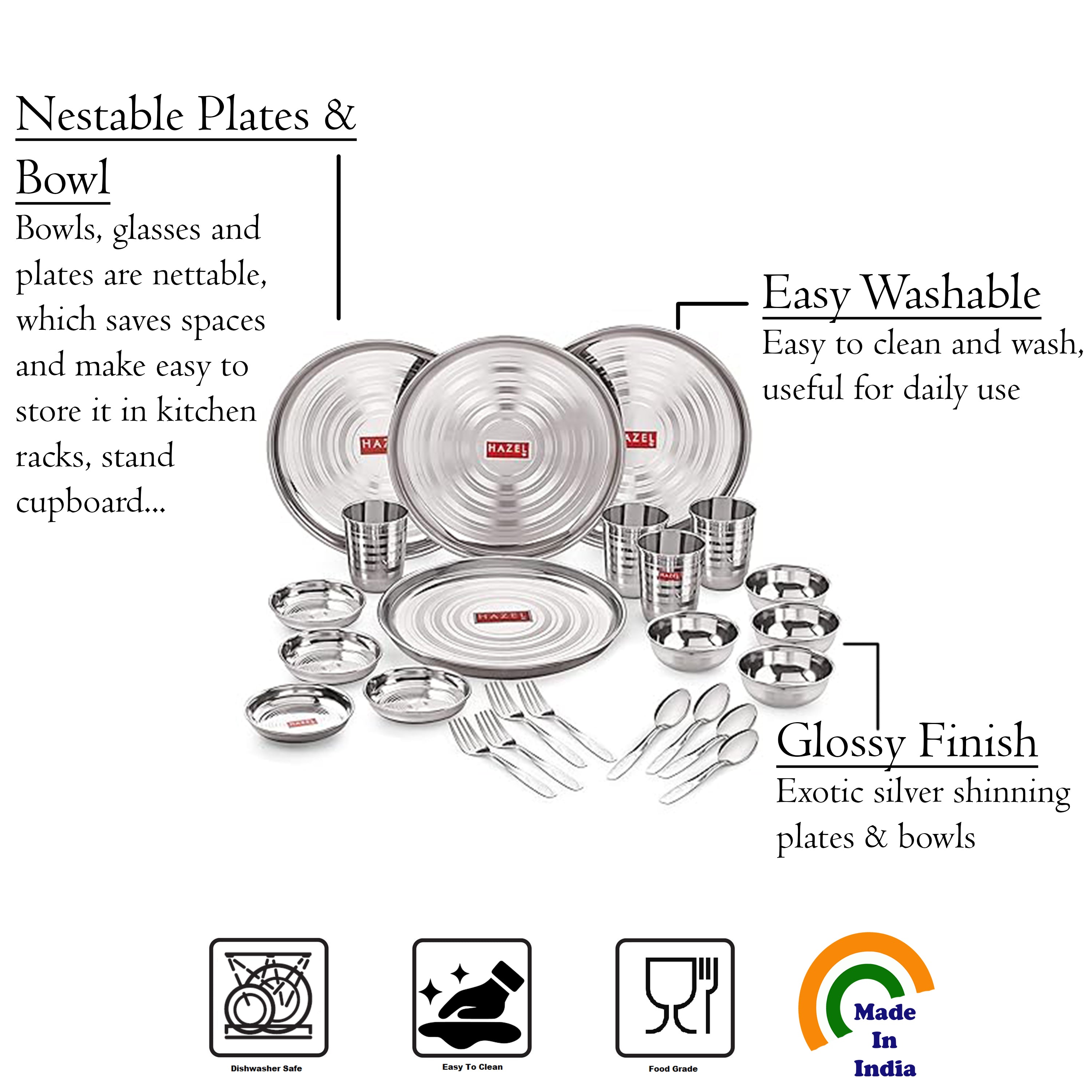 Stainless Steel Dinner Set - 24 pc (4 Thali, 4 Quarter Plate, 4 Bowl, 4 Spoon Set, 4 Dessert Plate, 4 Glass)