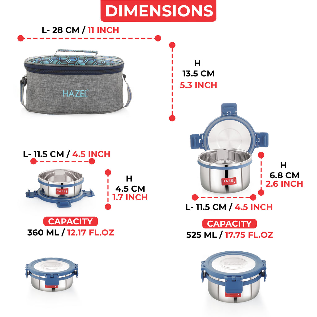 Hercules Stainless Steel Lunch Box with Flat Bag - Set of 4 (360, 525ML)