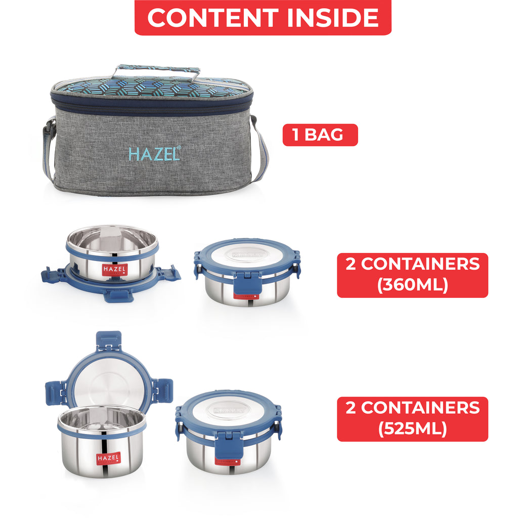 Hercules Stainless Steel Lunch Box with Flat Bag - Set of 4 (360, 525ML)