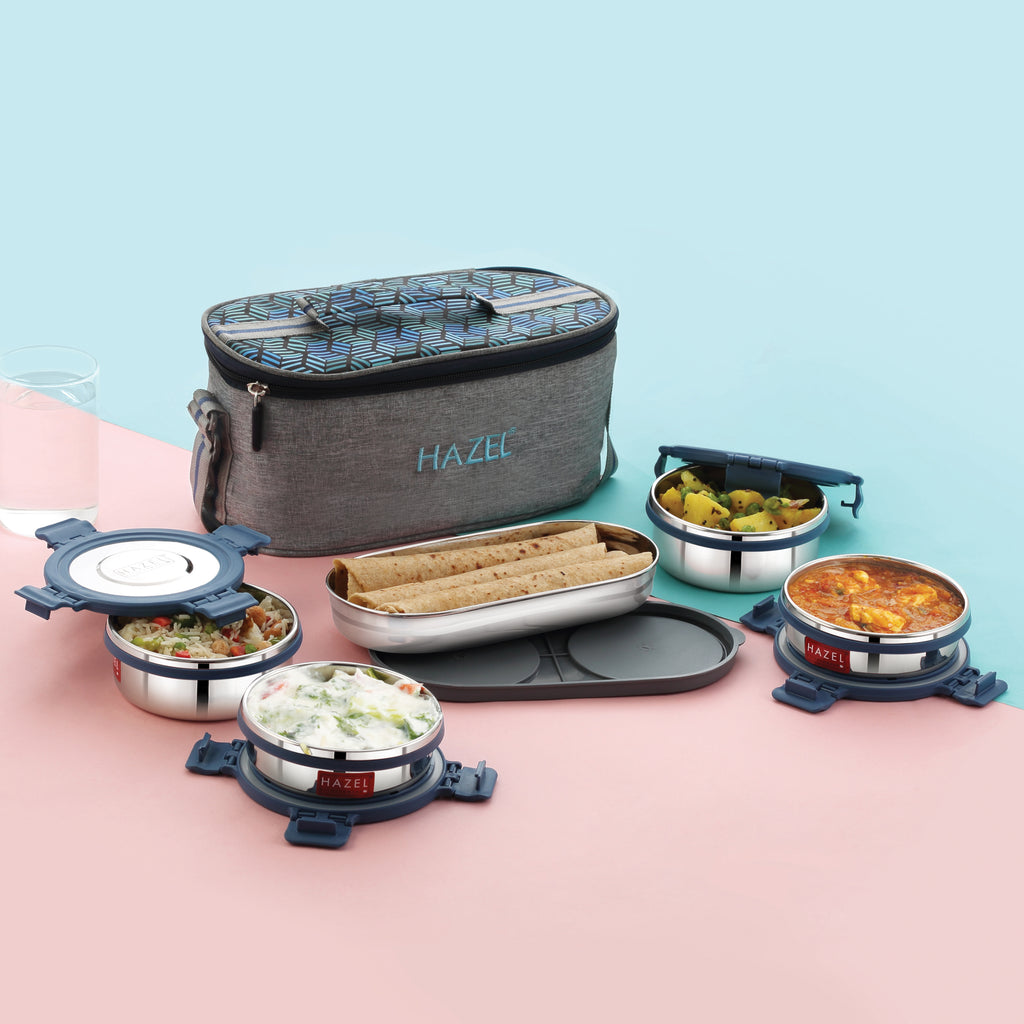 Hercules Steel Lunch Box with Roti Dabba and Flat Bag - Set of 5 (285, 360, 450)