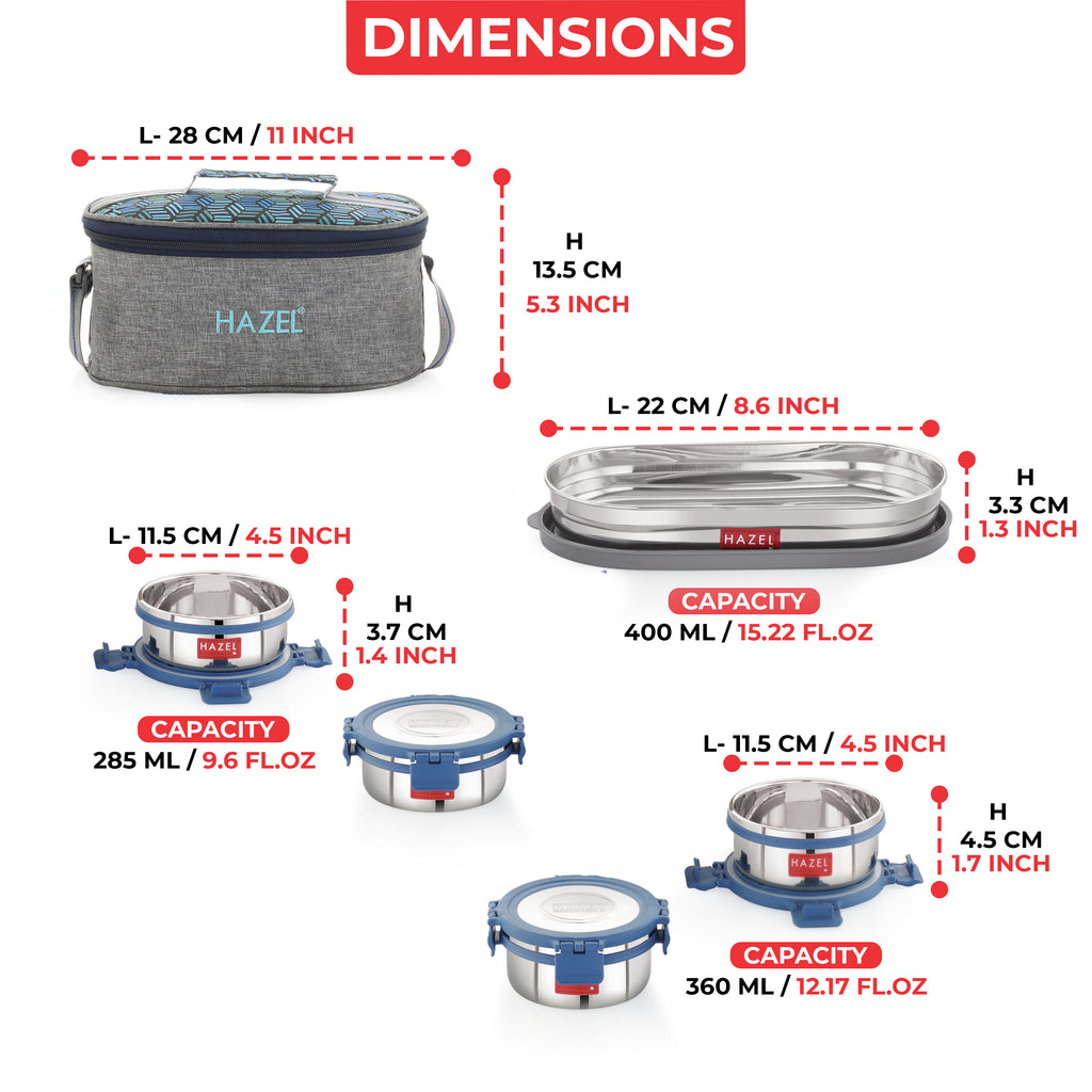 Hercules Steel Lunch Box with Roti Dabba and Flat Bag - Set of 5 (285, 360, 450)