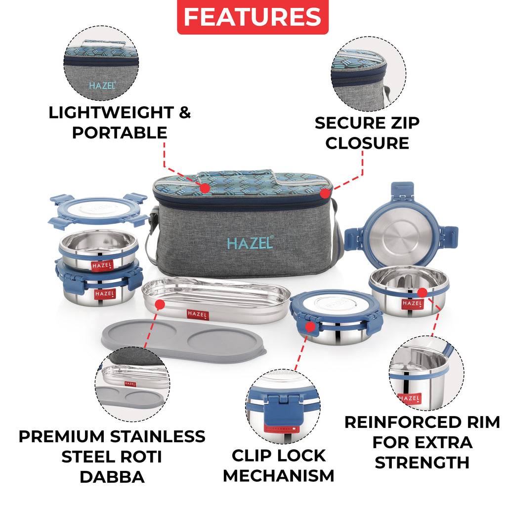 Hercules Steel Lunch Box with Roti Dabba and Flat Bag - Set of 5 (285, 360, 450)