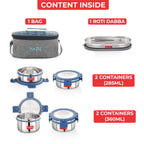 Hercules Steel Lunch Box with Roti Dabba and Flat Bag - Set of 5 (285, 360, 450)