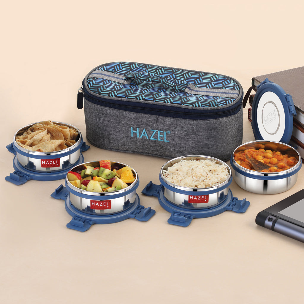 Hercules Stainless Steel Lunch Box with Flat Bag - Set of 4 (360 ML)
