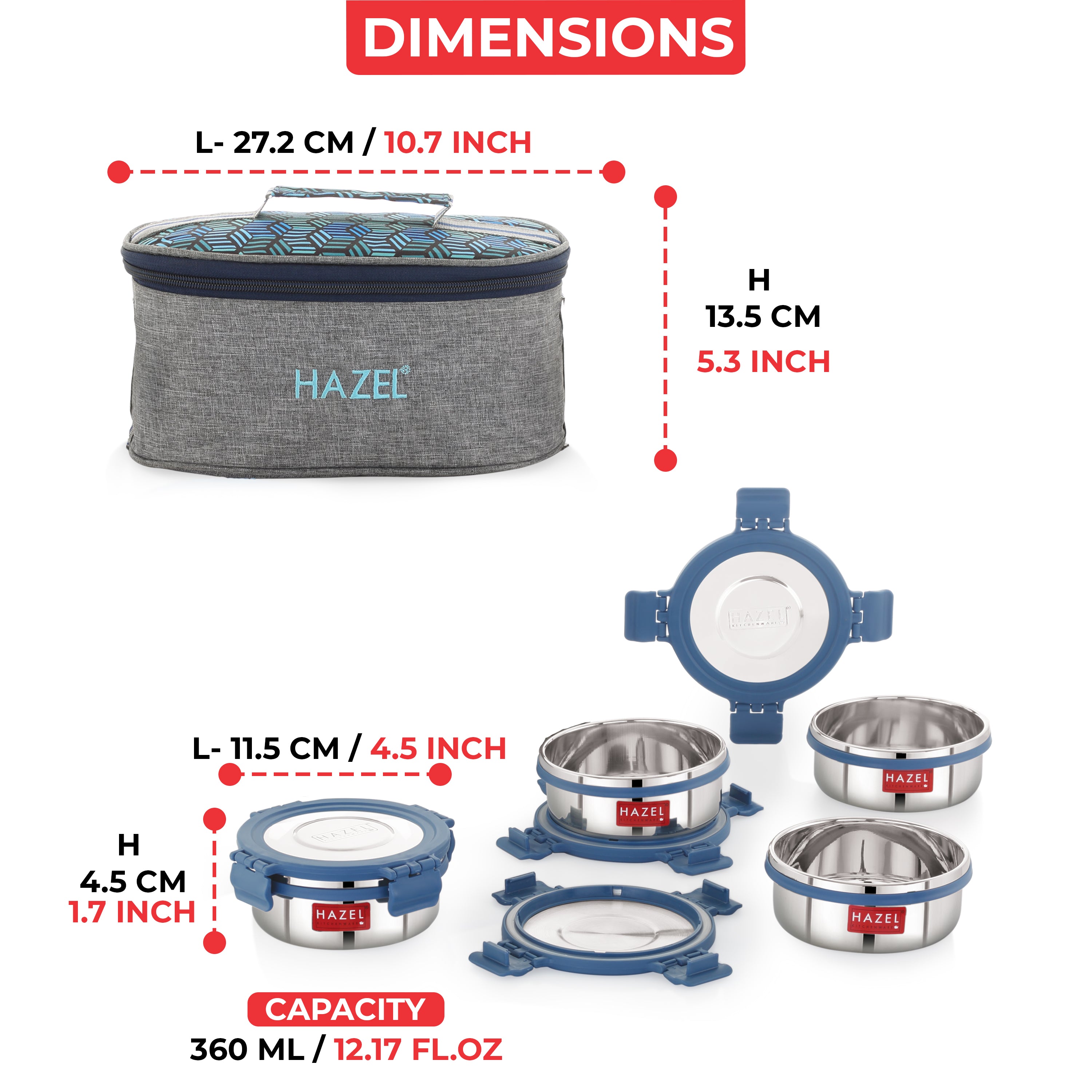 Hercules Stainless Steel Lunch Box with Flat Bag - Set of 4 (360 ML)