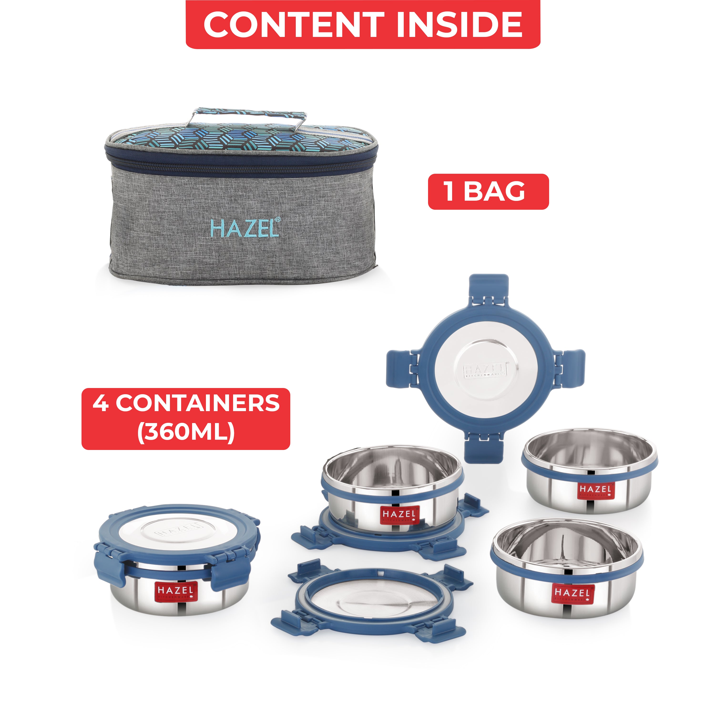 Hercules Stainless Steel Lunch Box with Flat Bag - Set of 4 (360 ML)