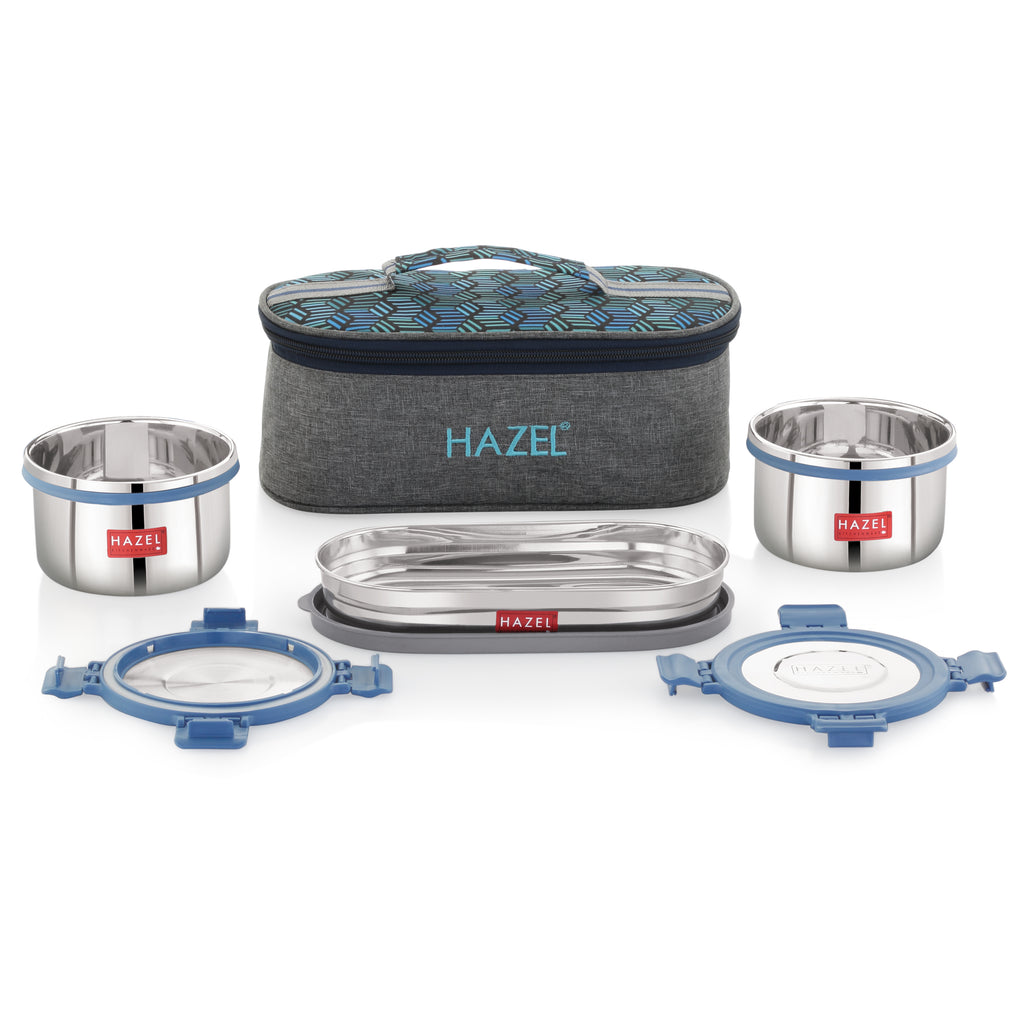 Hercules Steel Lunch Box with Roti Dabba and Flat Bag - Set of 3 (525, 450 ML)