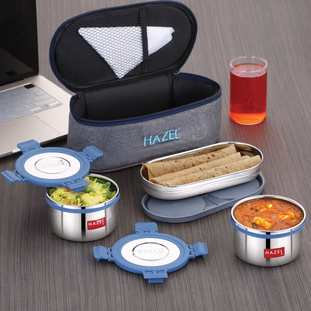 Hercules Steel Lunch Box with Roti Dabba and Flat Bag - Set of 3 (525, 450 ML)