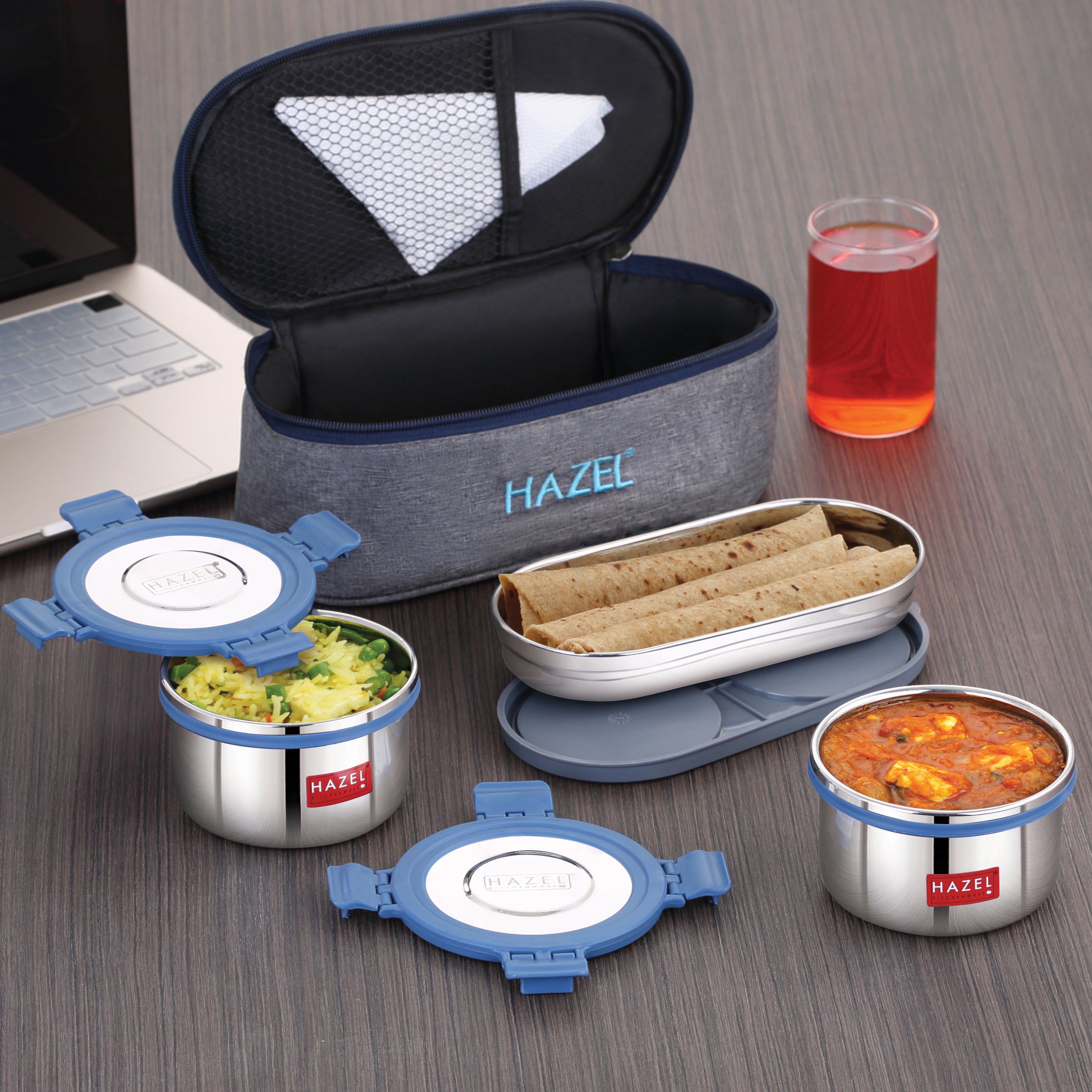Hercules Steel Lunch Box with Roti Dabba and Flat Bag - Set of 3 (525, 450 ML)