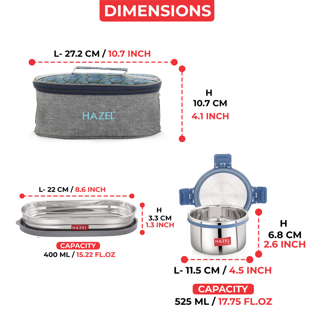 Hercules Steel Lunch Box with Roti Dabba and Flat Bag - Set of 3 (525, 450 ML)