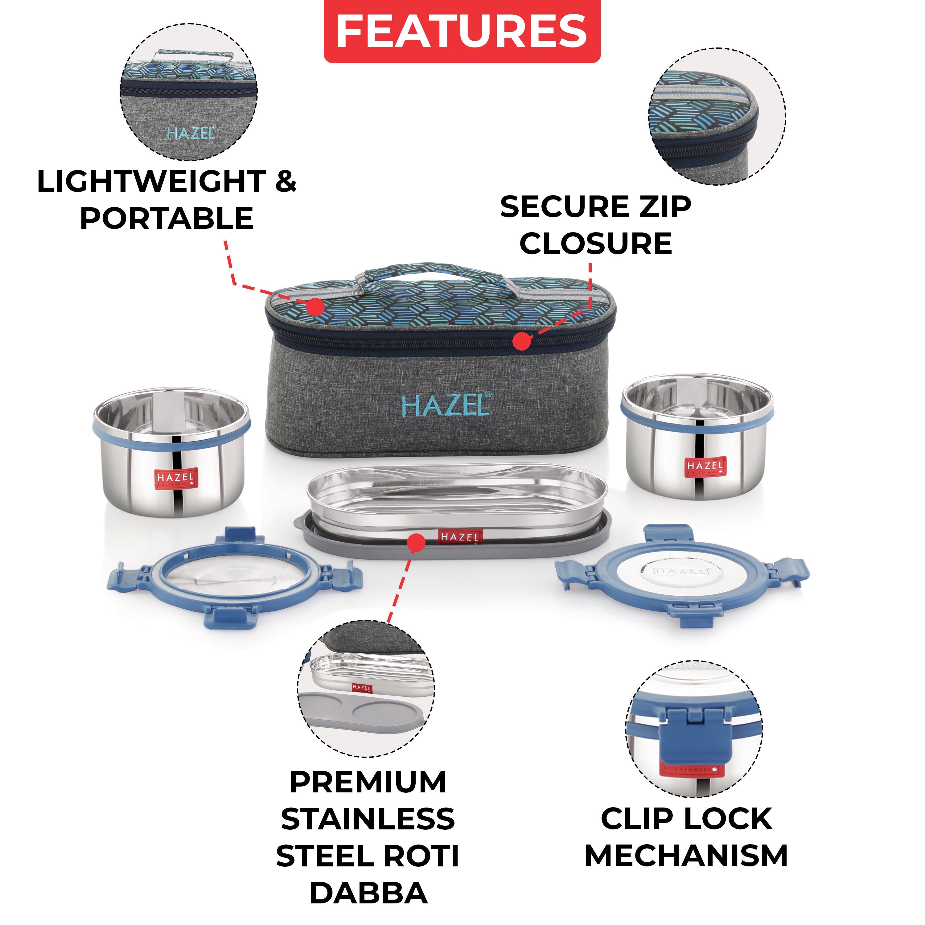 Hercules Steel Lunch Box with Roti Dabba and Flat Bag - Set of 3 (525, 450 ML)