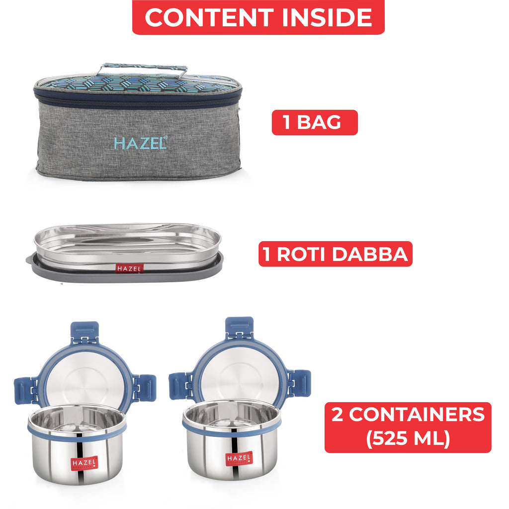 Hercules Steel Lunch Box with Roti Dabba and Flat Bag - Set of 3 (525, 450 ML)
