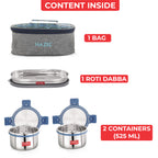 Hercules Steel Lunch Box with Roti Dabba and Flat Bag - Set of 3 (525, 450 ML)