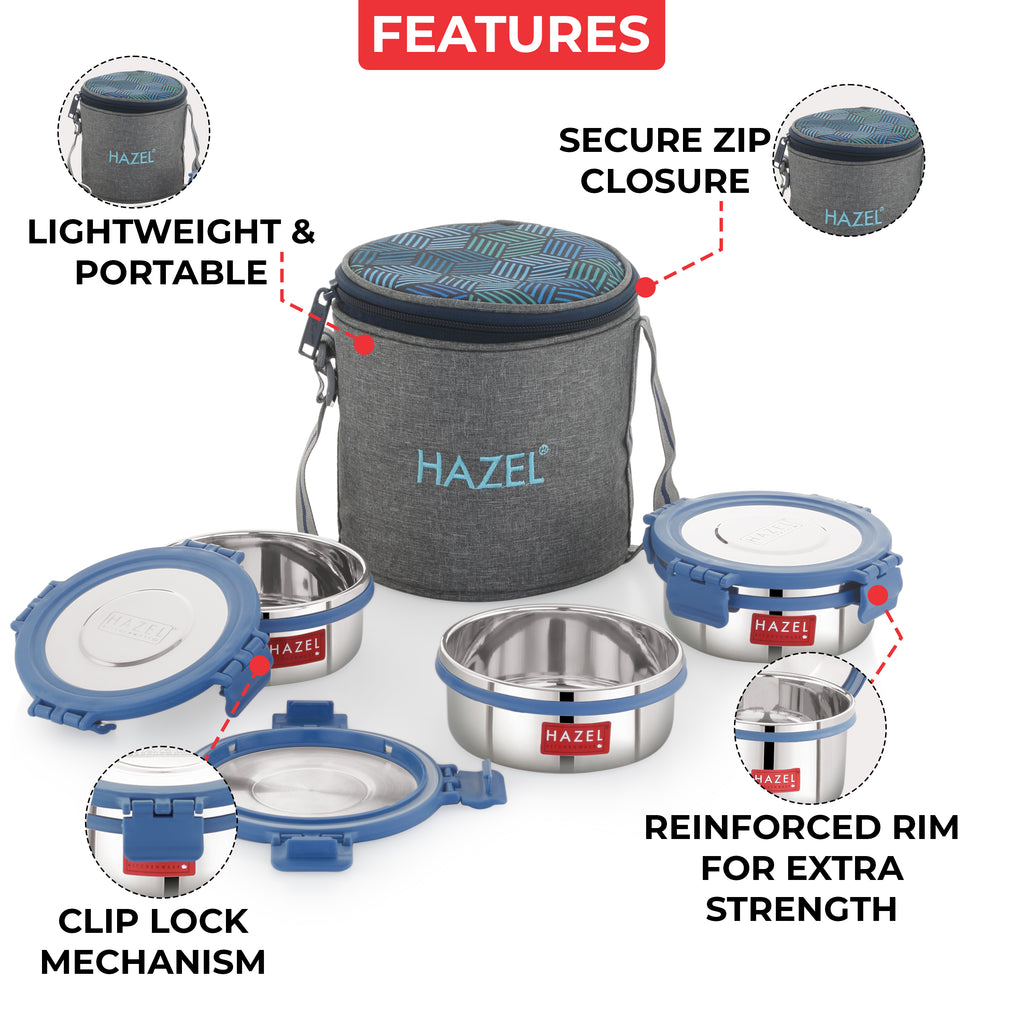 Hercules Stainless Steel Lunch Box with Standing Bag - Set of 3 (285 ML)