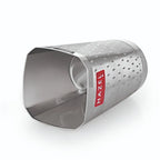 The steel glass tipped on its side, showcasing the dimpled texture pattern and open rim, on a plain white background.