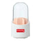 Clean studio shot of the white multipurpose organizer with a clear dome lid and pink internal dividers, HAZEL logo.