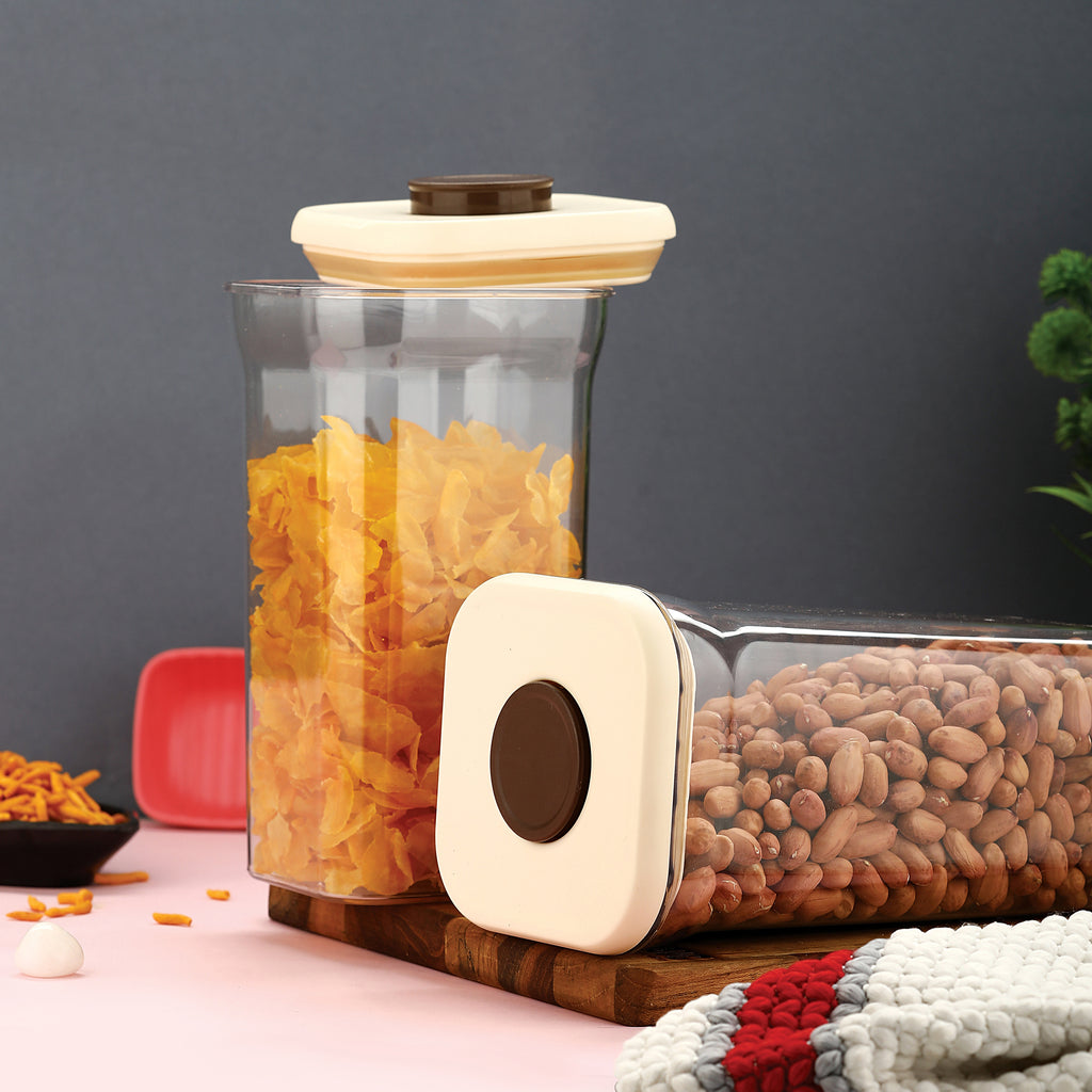 Airtight Plastic Food Storage Jar for Cereals – 1300 ML, (Set of 2) Cream