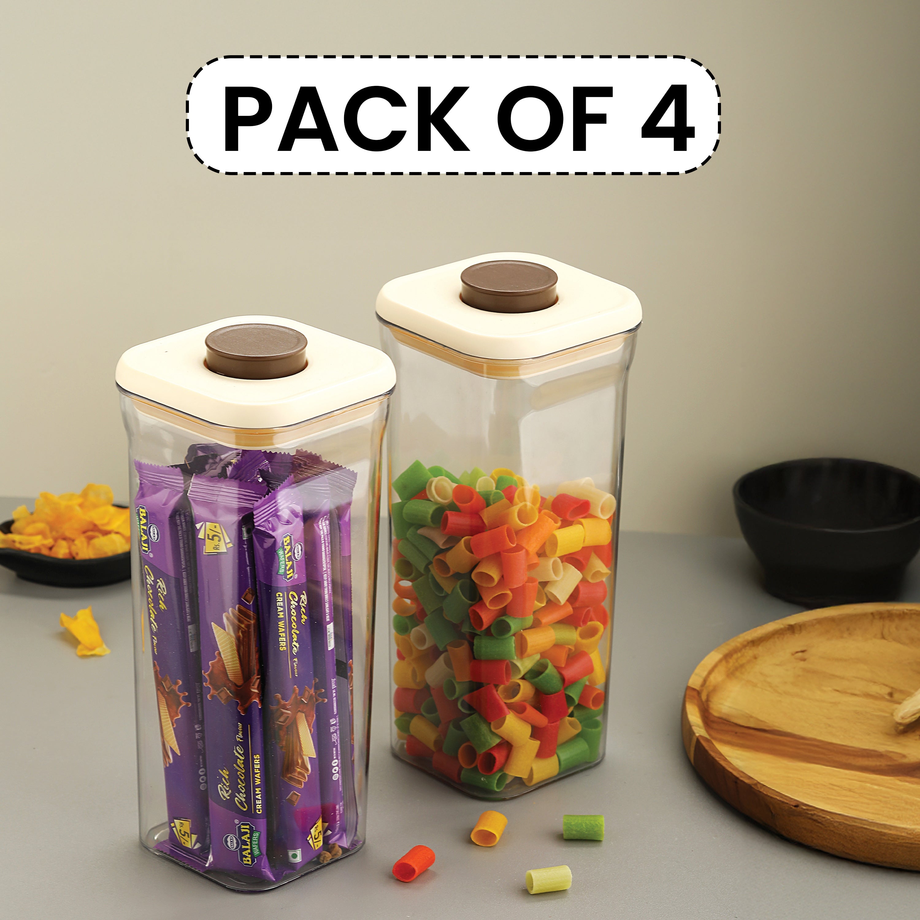 Airtight Plastic Food Storage Jar for Snacks– 1600 ML, (Set of 4) Cream