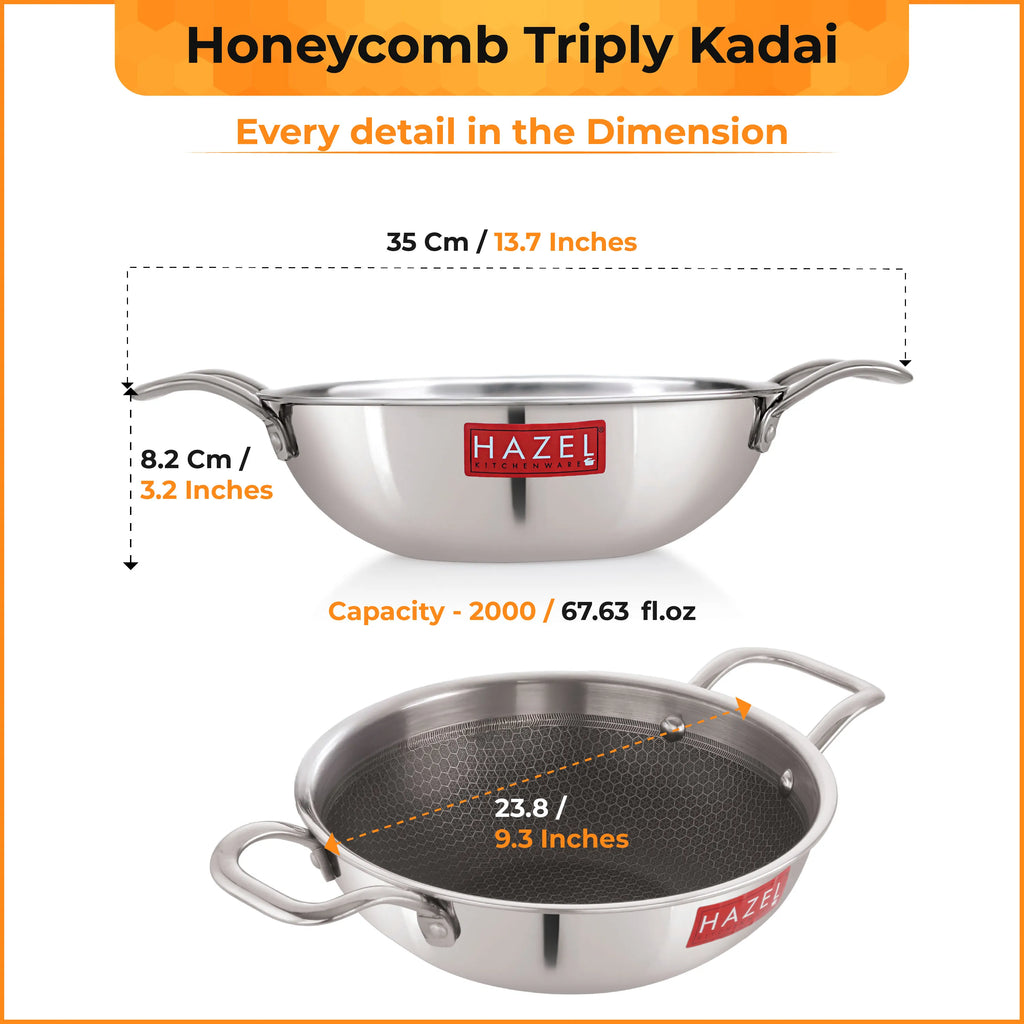 Honeycomb Triply Steel Kadhai with Glass Lid, Non Stick – 22 cm, 2 L