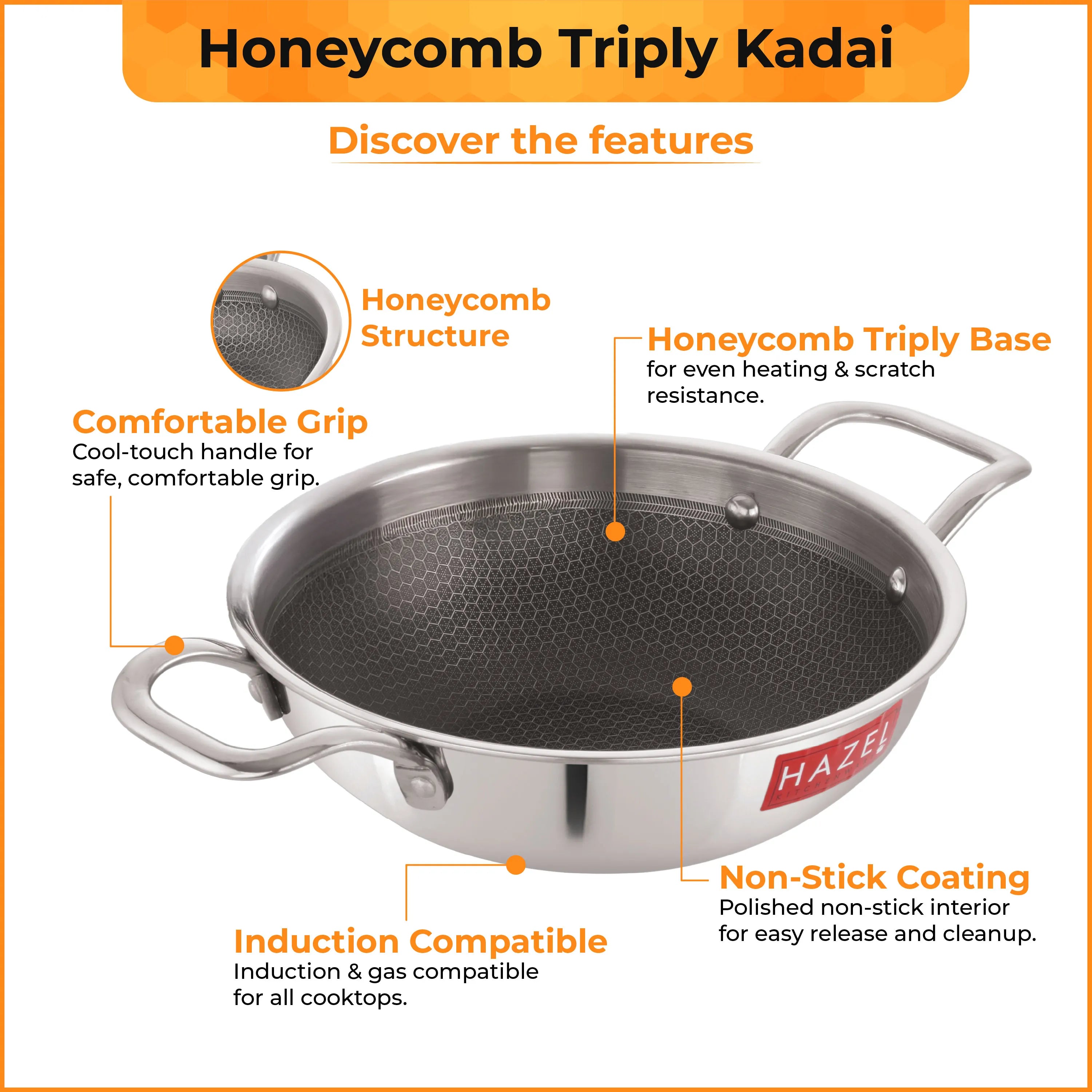 Honeycomb Triply Steel Kadhai with Glass Lid, Non Stick – 22 cm, 2 L