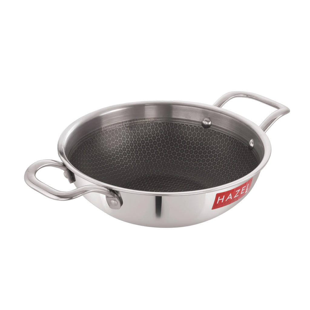 Honeycomb Triply Steel Kadhai with Glass Lid, Non Stick Kadai– 24 cm, 2.5 L