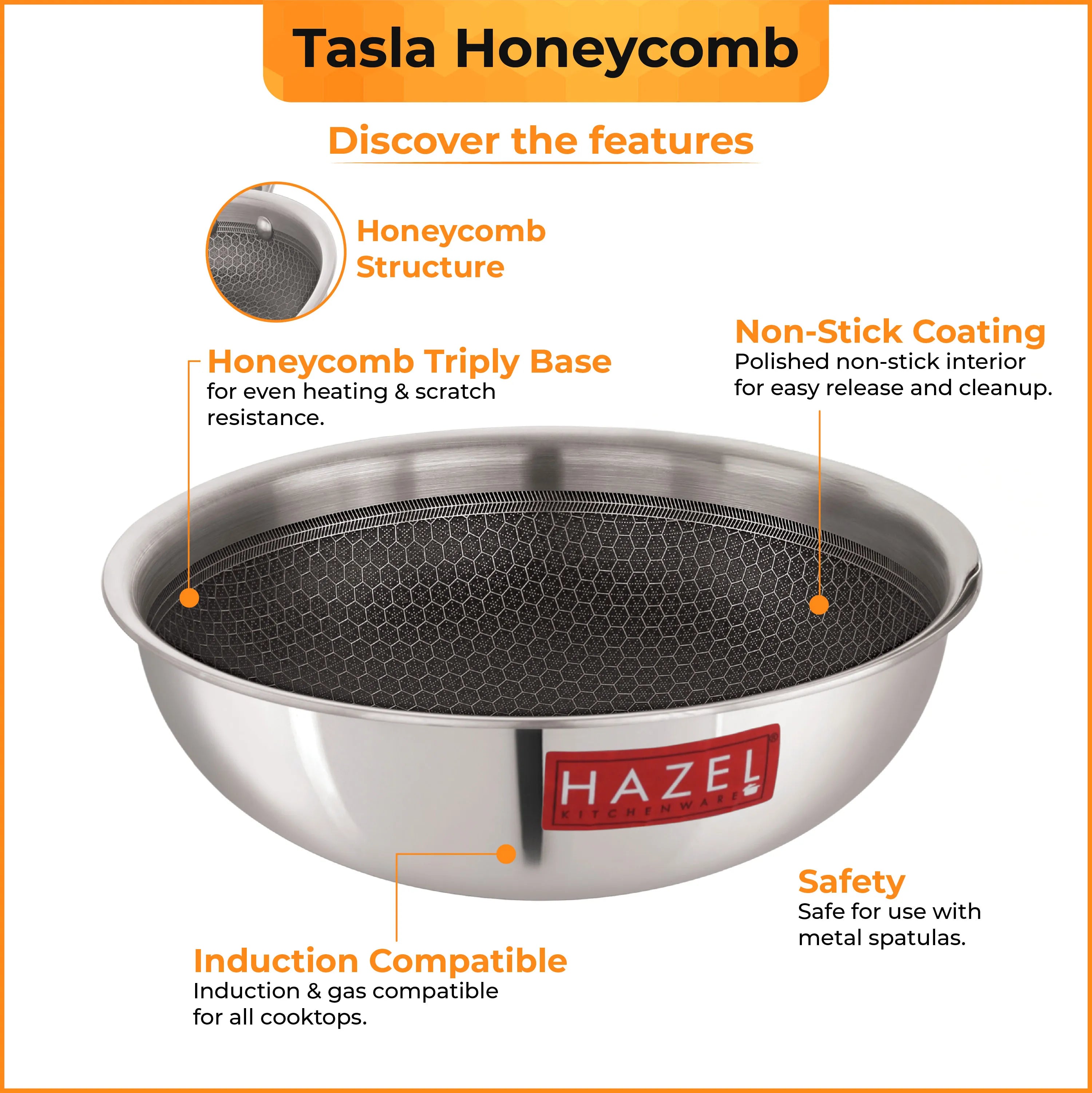 Honeycomb Triply Non-Stick Tasla with Lid– 24 cm, 2.5 L