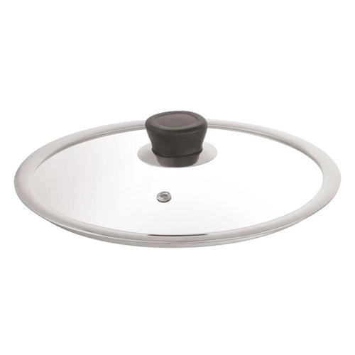 Glass lid with steel rim and black knob shown from a front three-quarter angle.