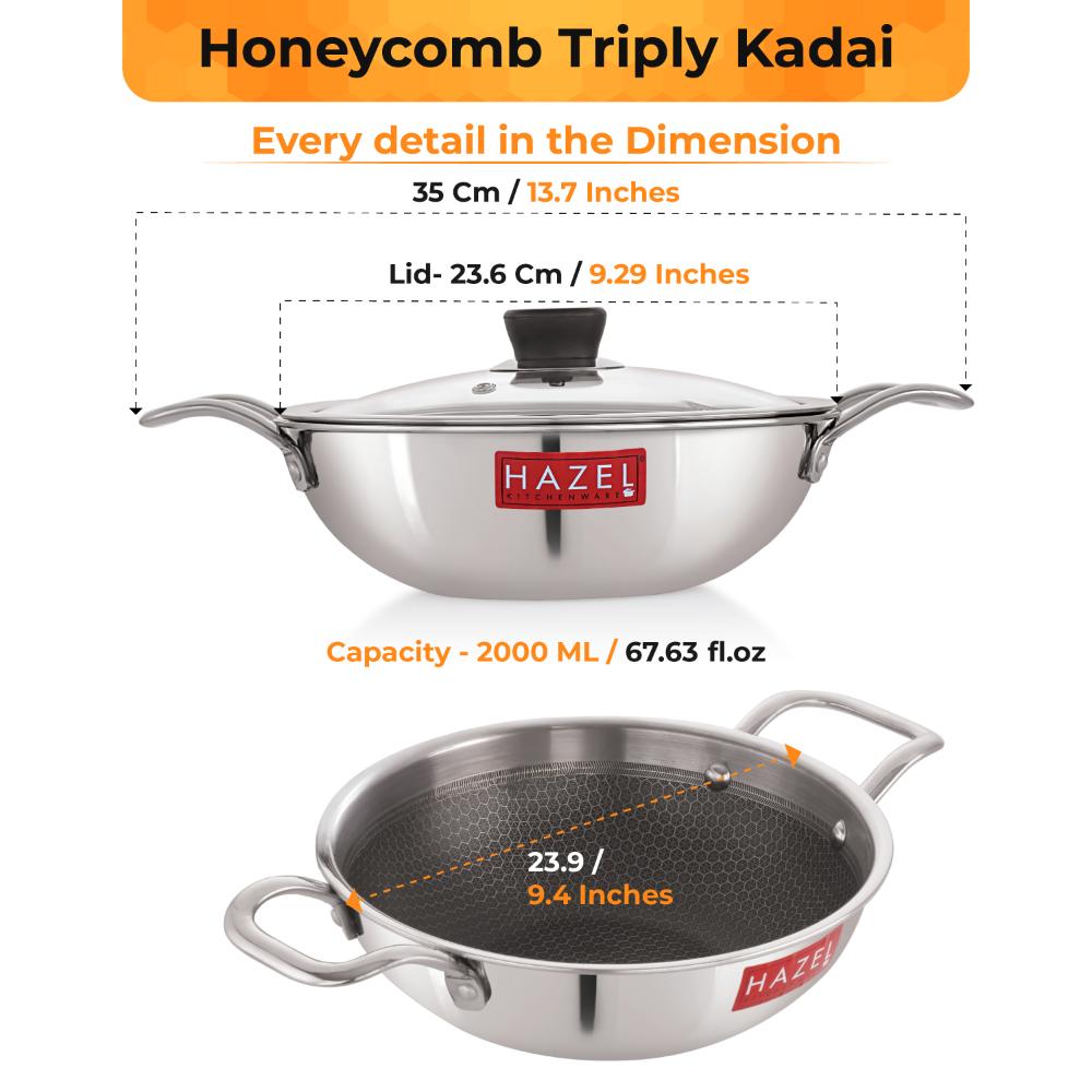 Honeycomb Triply Steel Kadhai with Glass Lid – 22 cm, 2 L