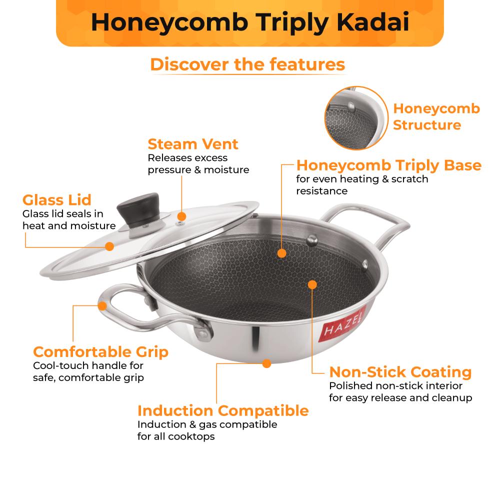 Honeycomb Triply Steel Kadhai with Glass Lid – 22 cm, 2 L