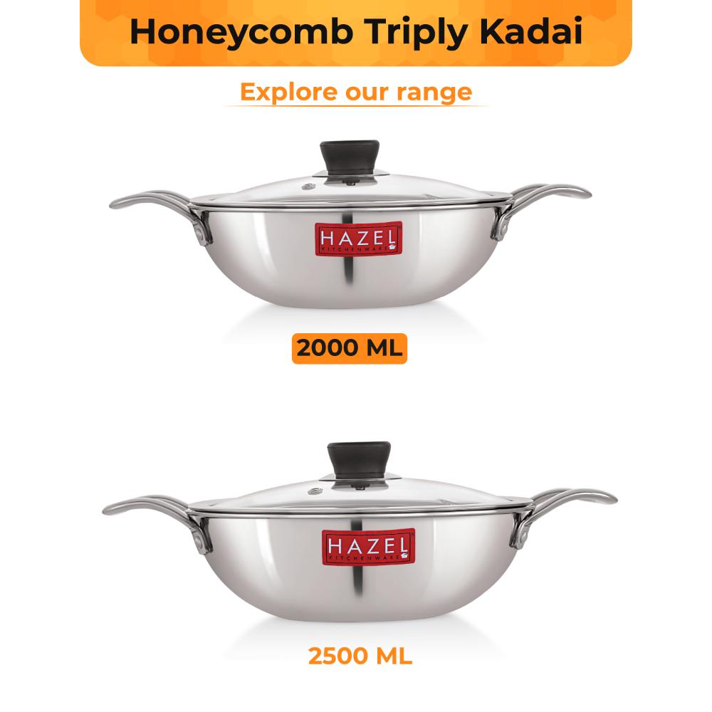 Honeycomb Triply Steel Kadhai with Glass Lid – 22 cm, 2 L
